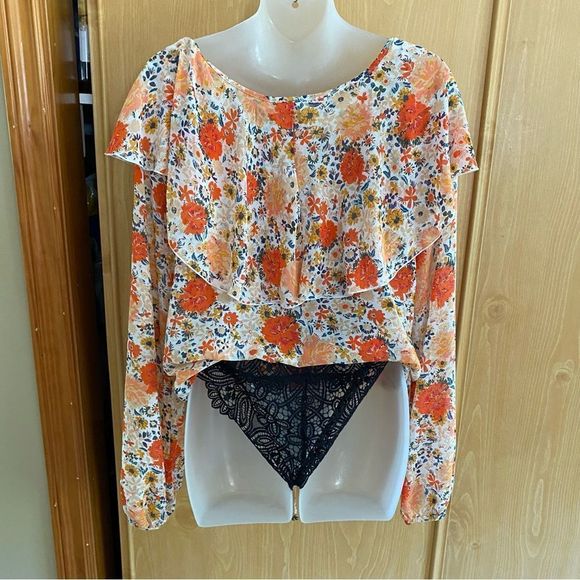Free People • Say It To Me Floral Orange Ruffle Bodysuit - Picture 11 of 16